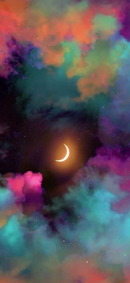 moon, crescent moon, clouds, colorful, sky