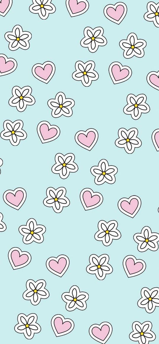 hearts, flowers, turquoise background, art