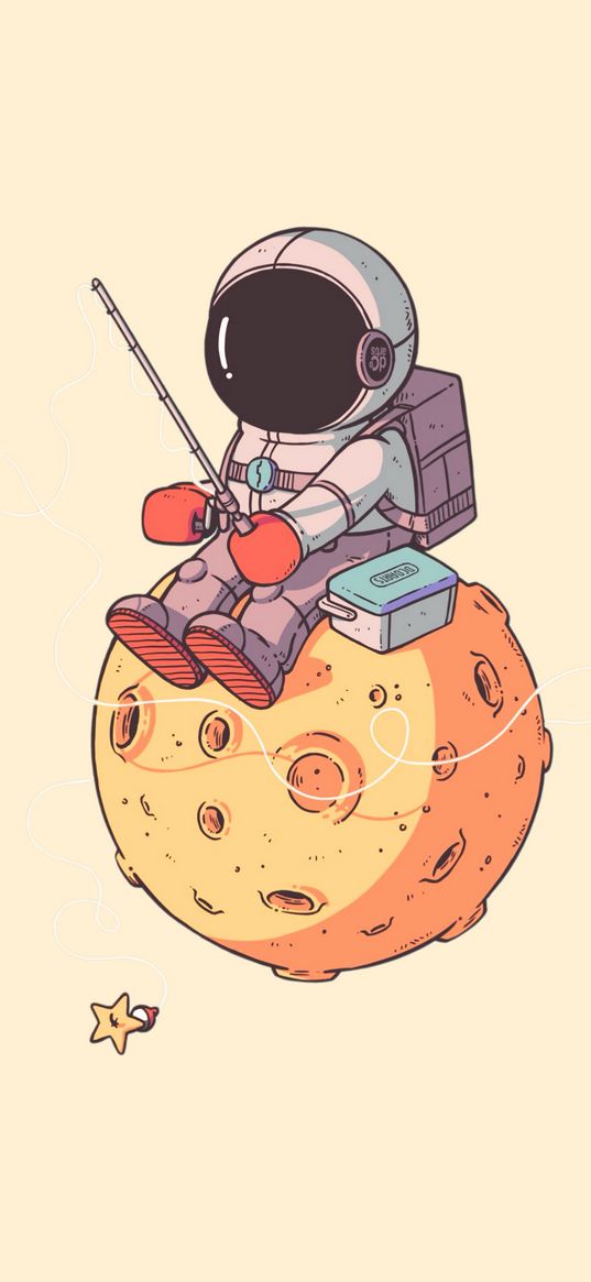 cosmonaut, astronaut, moon, lunch box, fishing rod, art