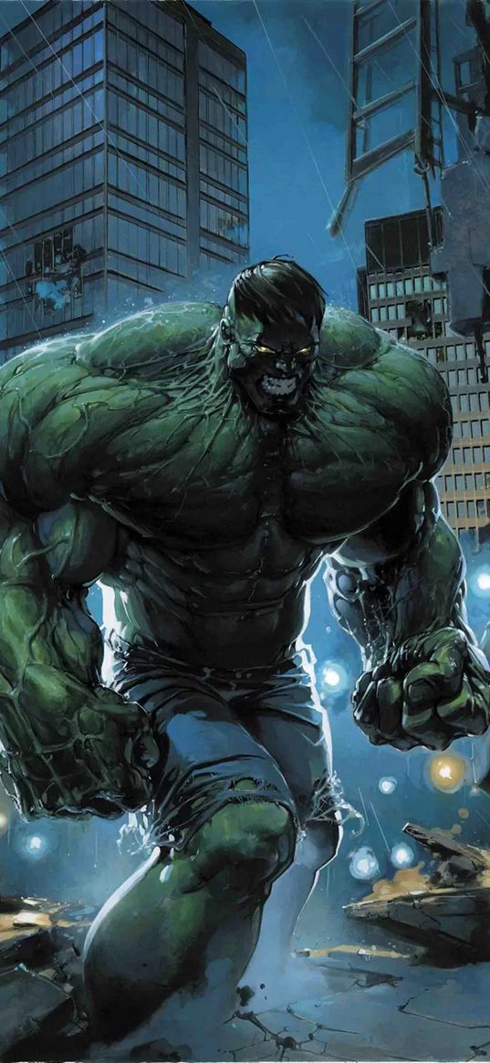 hulk, superhero, marvel, muscles, strong, evil, ruins, city, comics, art