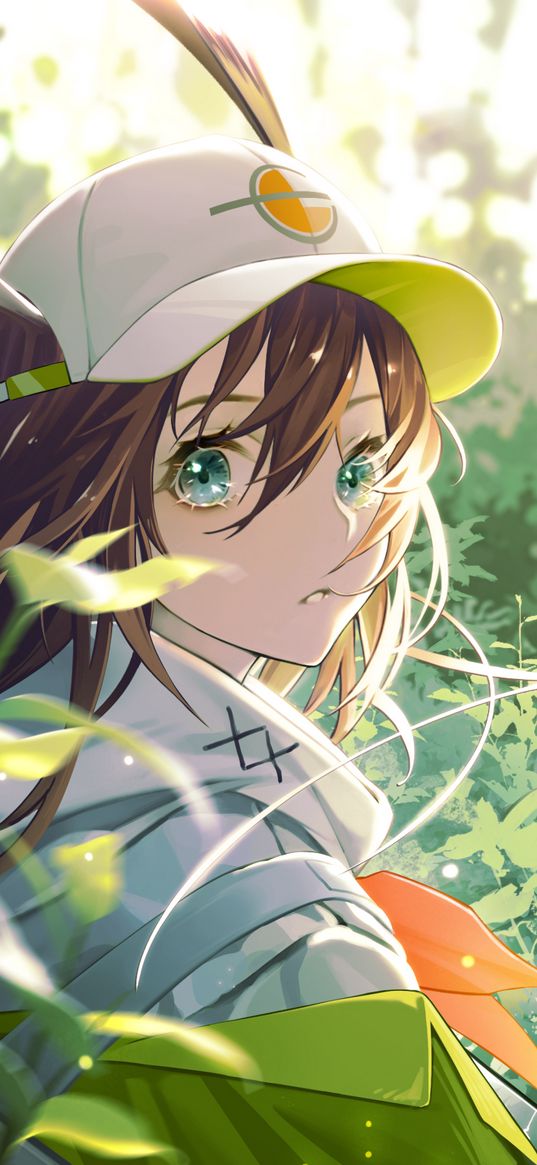 amiya, arknights, game, anime, girl, ears, cap, leaves, art