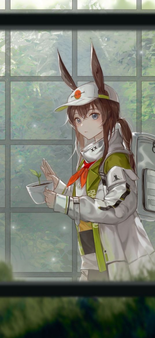 game, anime, girl, ears, cap, plant, pot, backpack, window, art