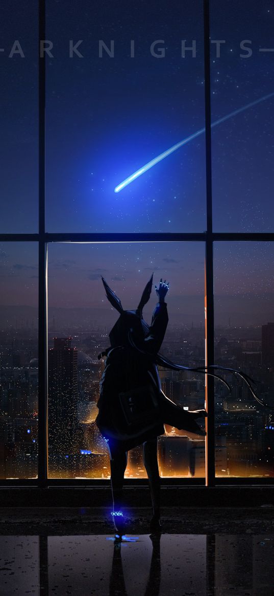 amiya, arknights, game, anime, girl, ears, window, skyscrapers, city, night, comet, art