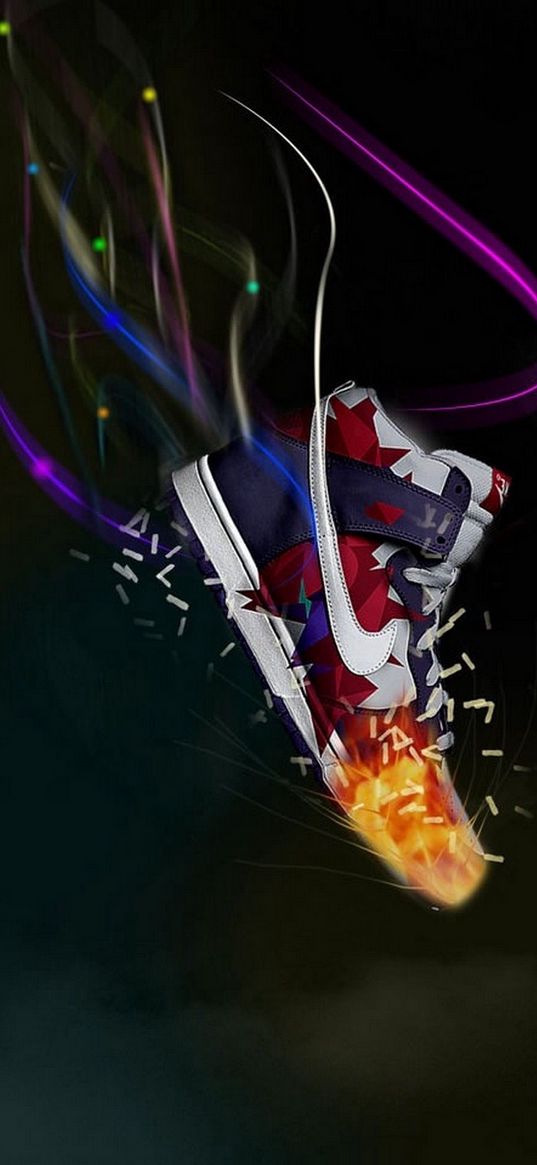 nike, sneaker, shoe, sparks, black background, art