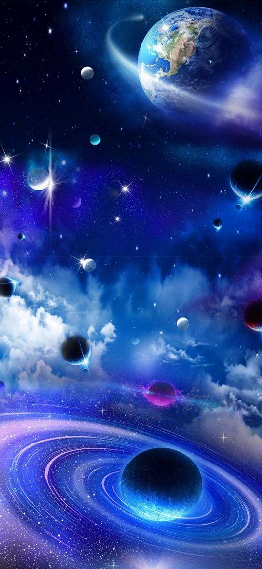 saturn, earth, planets, solar system, stars, cosmos, clouds, art