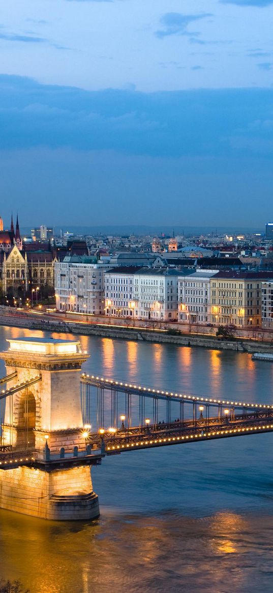 bridge, river, houses, street, lights, evening, budapest