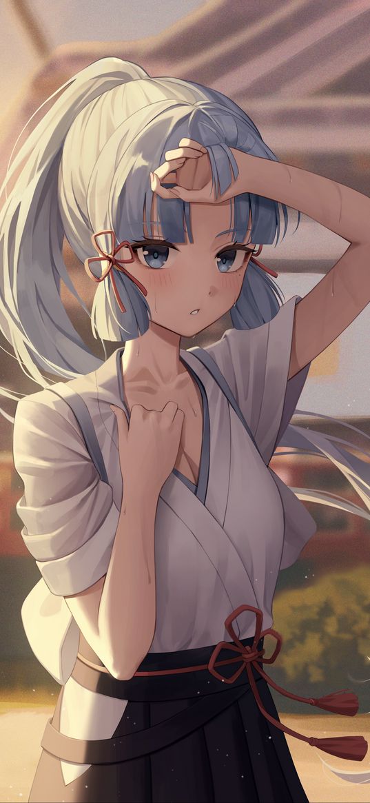 kamisato ayaka, genshin impact, game, anime, girl, gray hair, tired, art