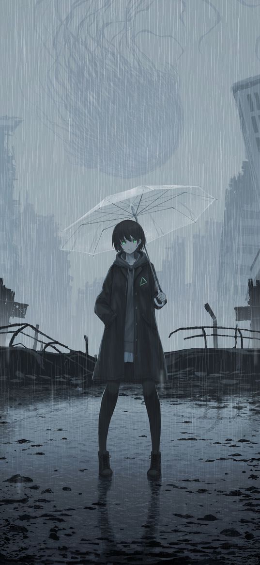 girl, umbrella, green eyes, houses, ruins, post-apocalypse, monster, anime, art