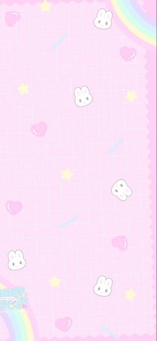 rabbits, hearts, stars, rainbow, pink background