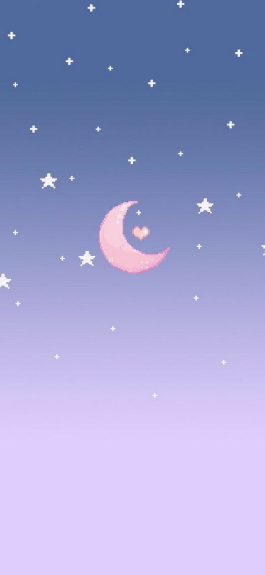 moon, heart, stars, sky, night, gradient, pixel art