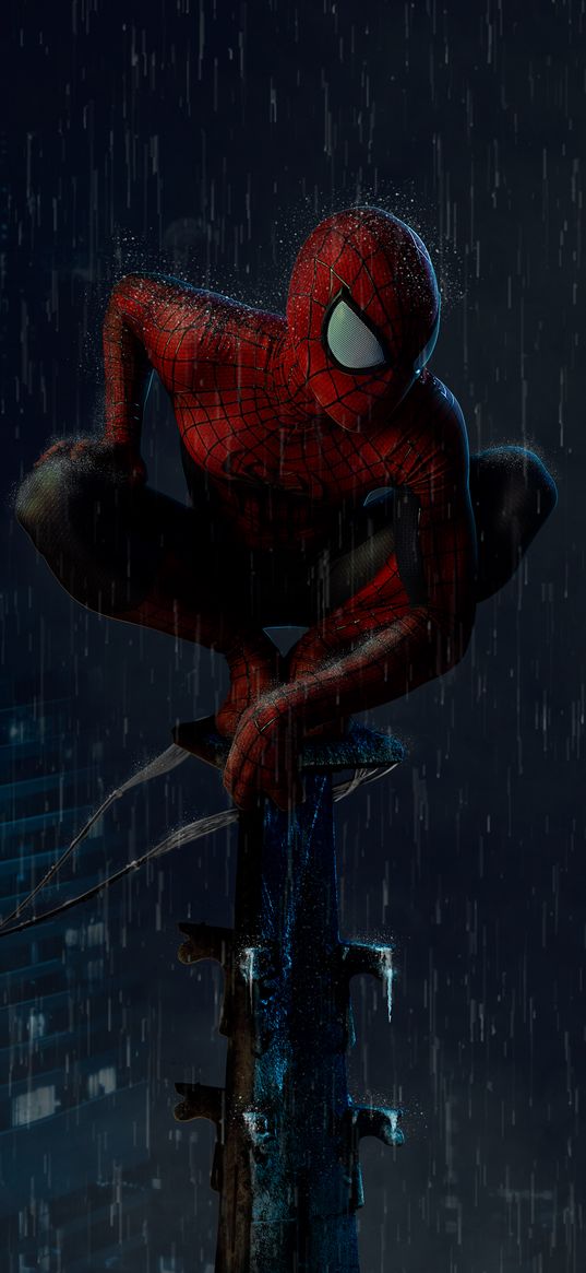 spiderman, spider-man, superhero, marvel, night, rain, pillar