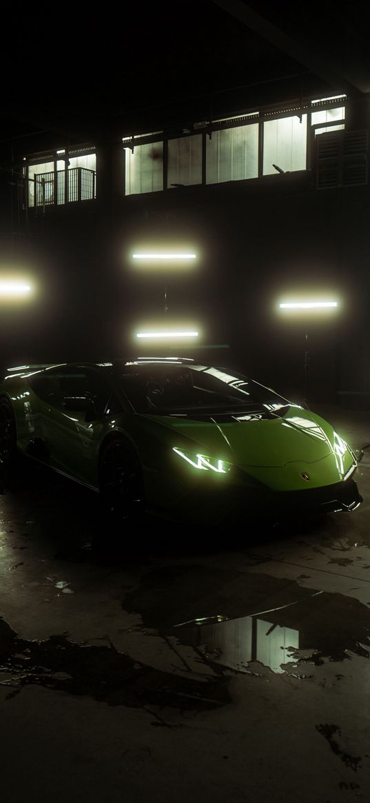 lamborghini, sports car, car, light green, headlights, light, building