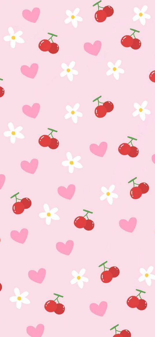 cherry, berries, heart, flowers, pink background