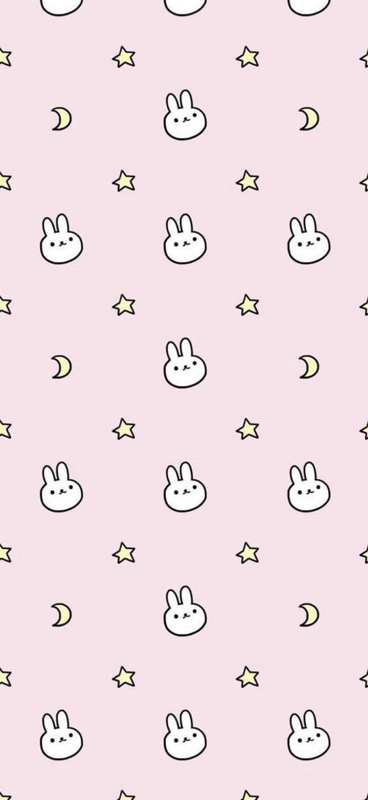 hare, star, moon, pink background