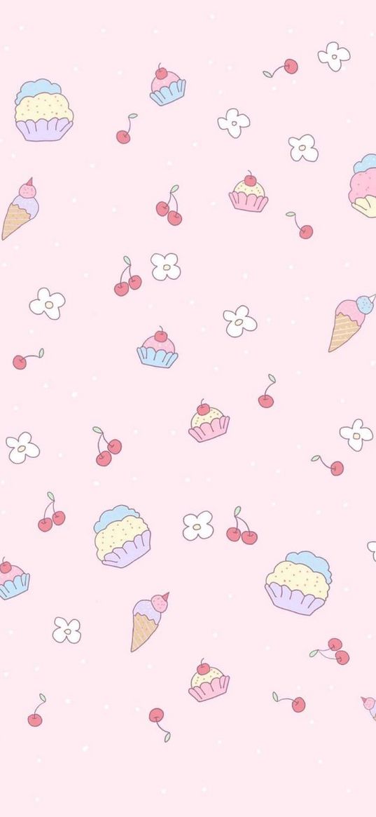 cherry, berries, cupcake, ice cream, flowers, pink background