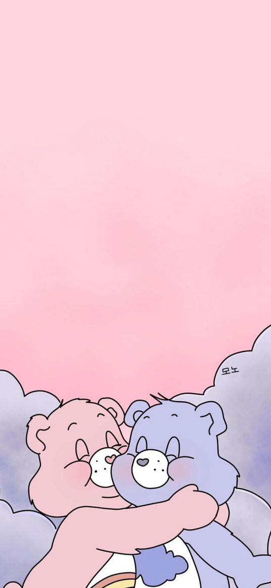 bears, pink, blue, clouds, pink background, art