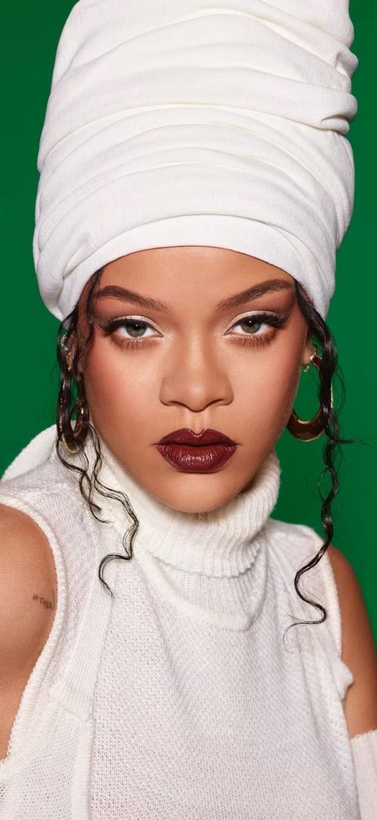 rihanna, singer, sweater, turban, white, portrait, green background