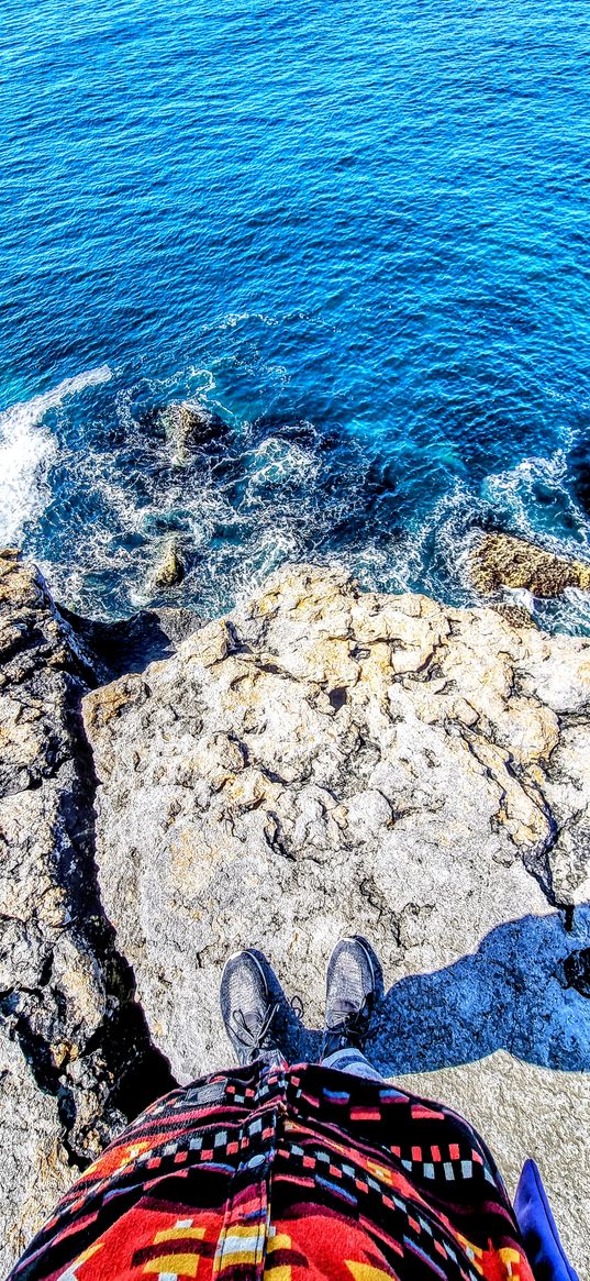 sea, waves, rock, man, boots, height, top view, nature