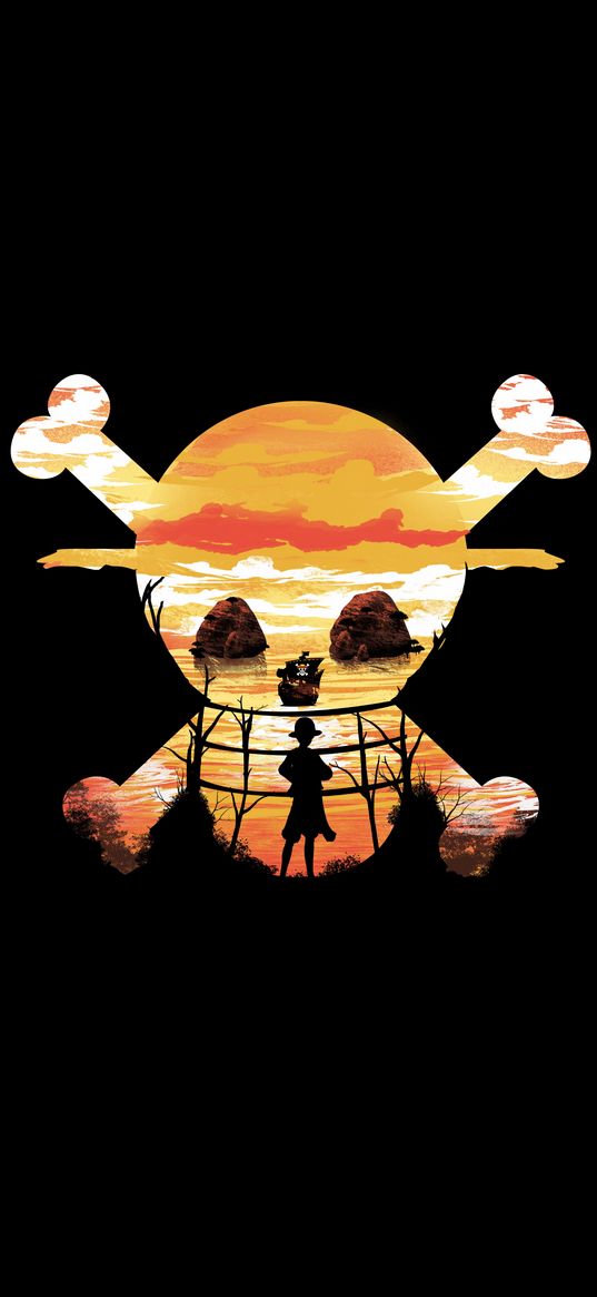 luffy, one piece, anime, jolly roger, pirate, silhouette, ship, sea, sunset, clouds, art