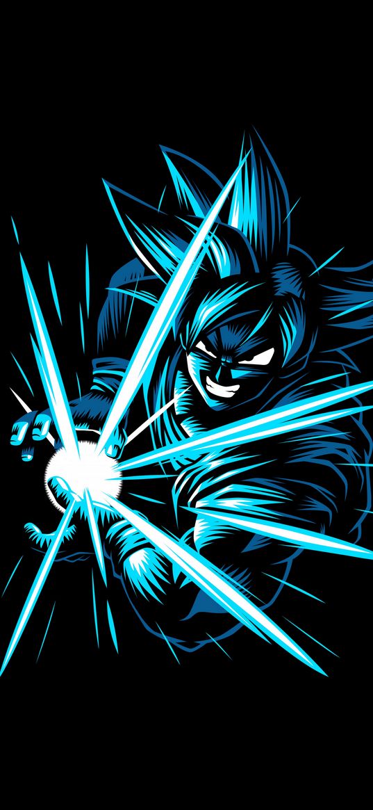 goku, dragon ball, anime, fighter, super punch, magic, blue, black background, art