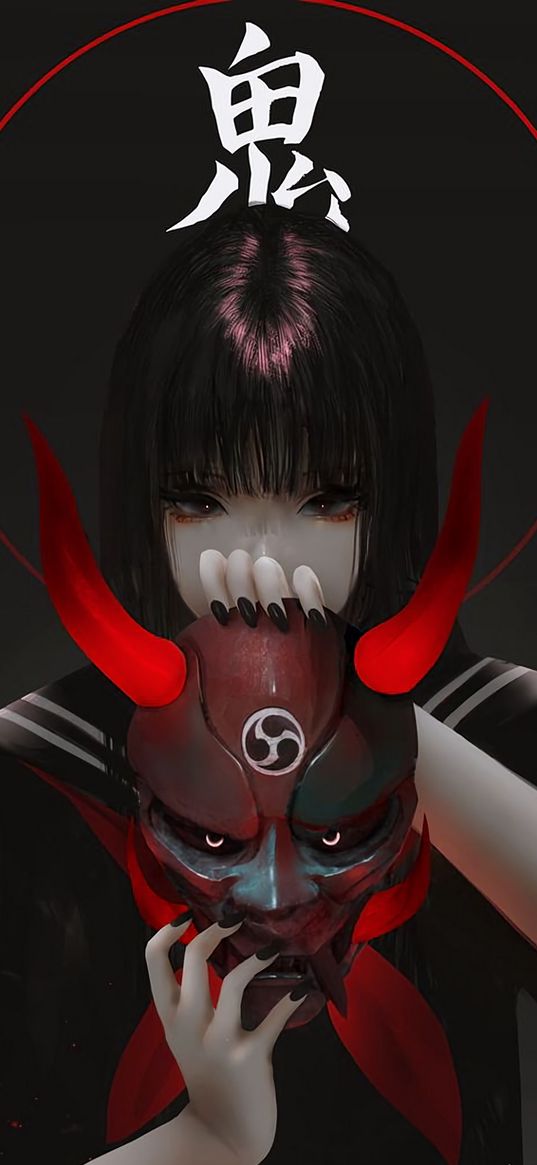 girl, mask, demon, horns, hieroglyphs, anime, art