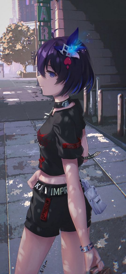 girl, purple hair, brooch, shorts, street, anime, art