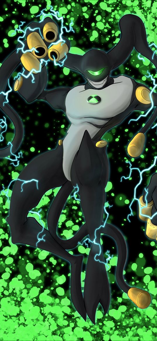 ben 10, cartoon, alien, lightning, green background