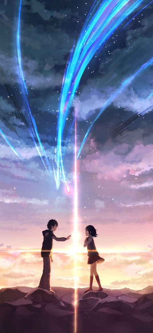 taki, mitsuha, your name, anime, couple, magic, clouds, sunset, sky, art