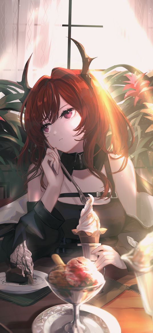 surtr, arknights, game, anime, girl, redhead, horns, dress, sweetheart, ice cream, art