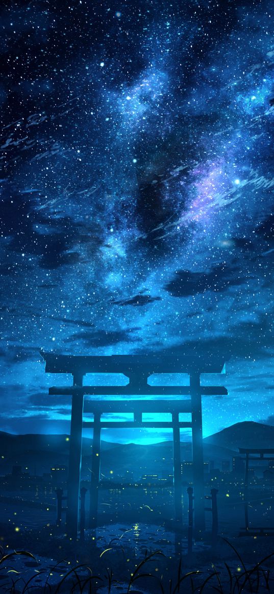 torii, lake, mountains, hills, starry sky, milky way, stars, city, night, anime, art