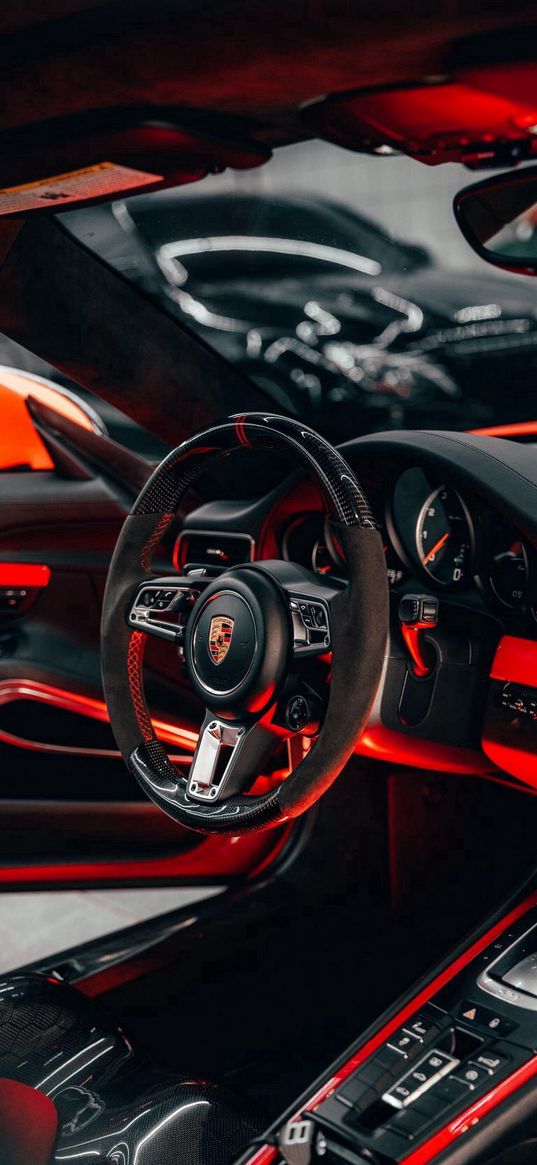 porsche, car, interior, red, black