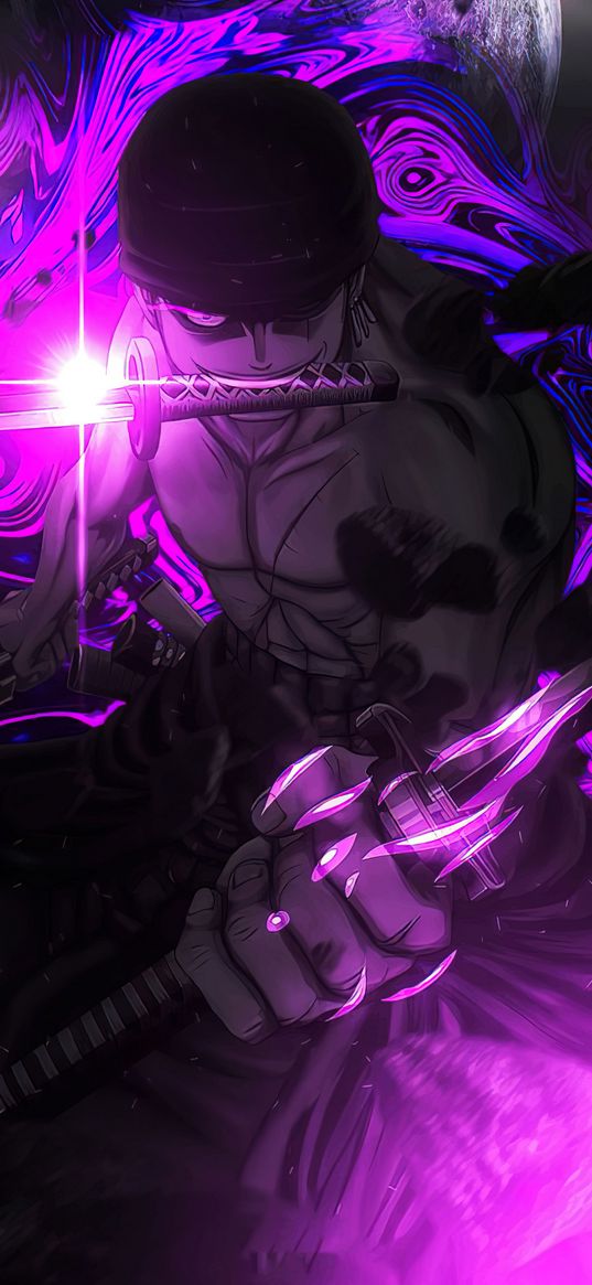 roronoa zoro, one piece, anime, character, warrior, sword, purple, light, art