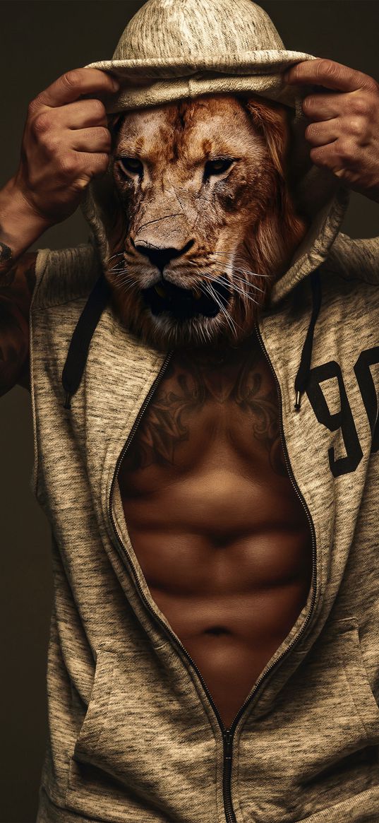 lion, animal, muzzle, man, muscles, tattoo, hoodie, hood