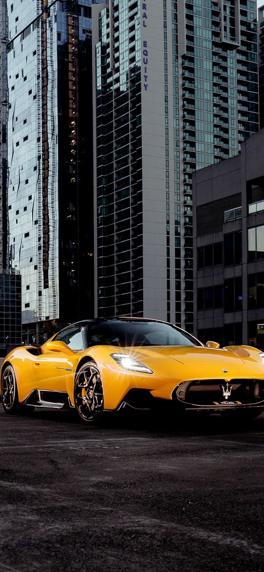 maserati, car, yellow, city, building