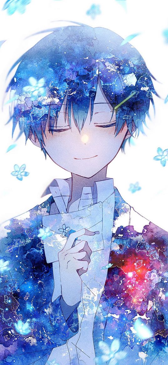 boy, anime, art, flowers, blue, divorces