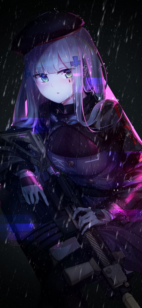 hk416, girls frontline, anime, girl, game, art, weapon, rain, neon