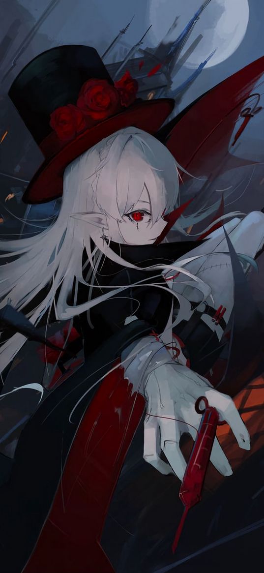 girl, anime, art, vampire, syringe, blood, night