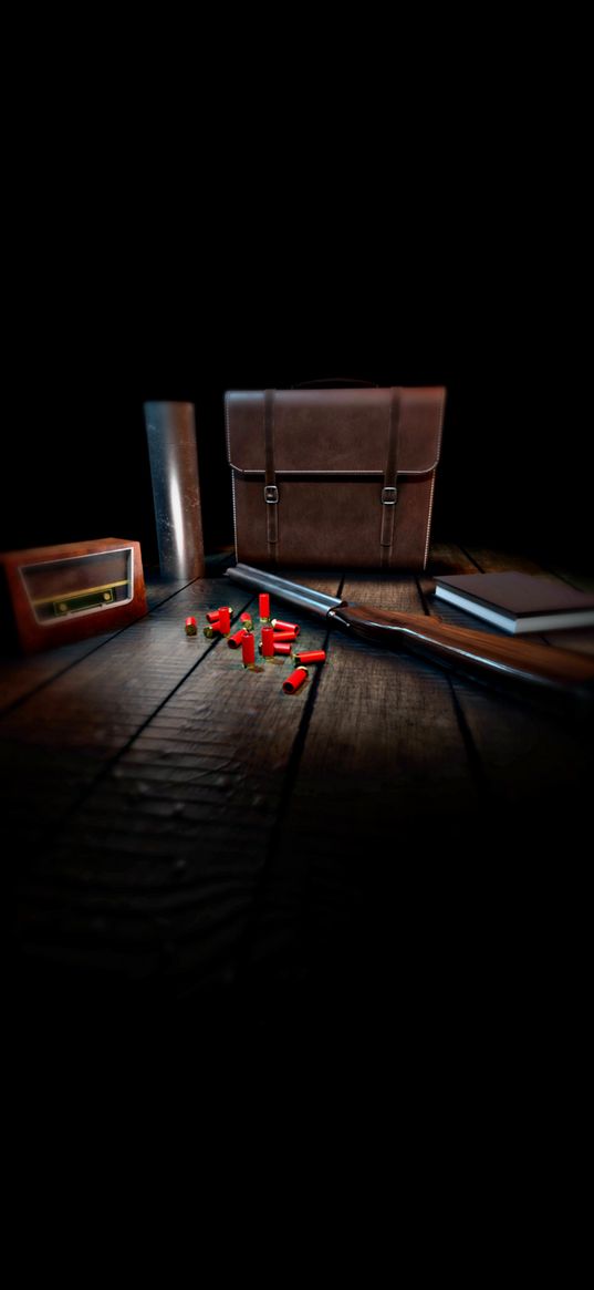 cartridge, rifle, briefcase, desk, notebook, digital art