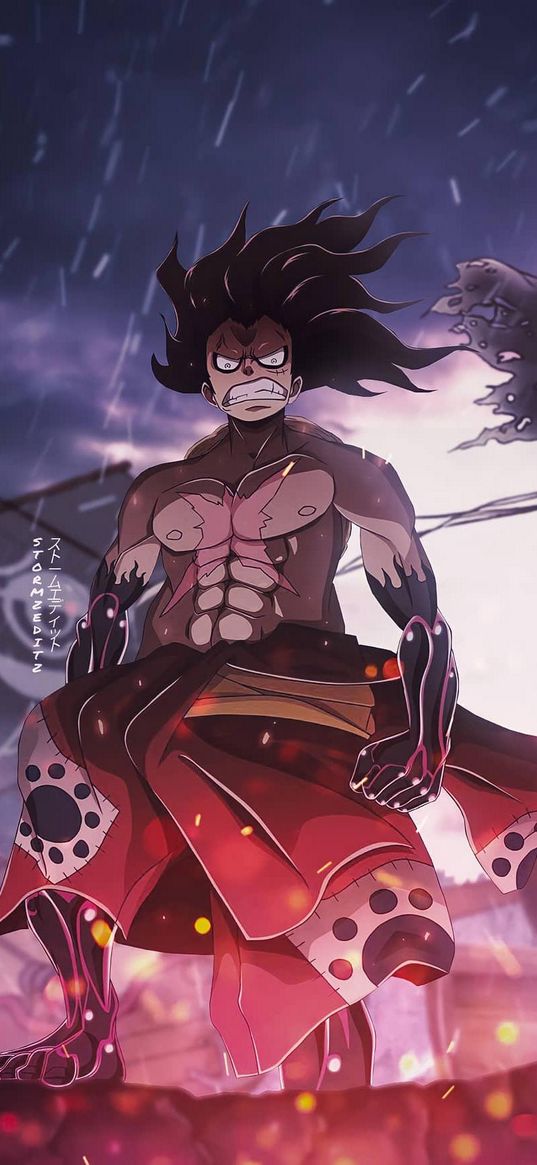 luffy, one piece, anime, character, angry, rain, art