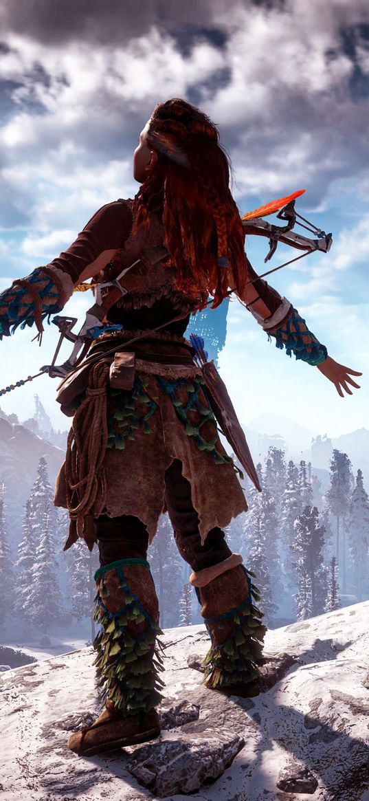 eloy, horizon zero dawn, game, landscape, nature, mountains, snow