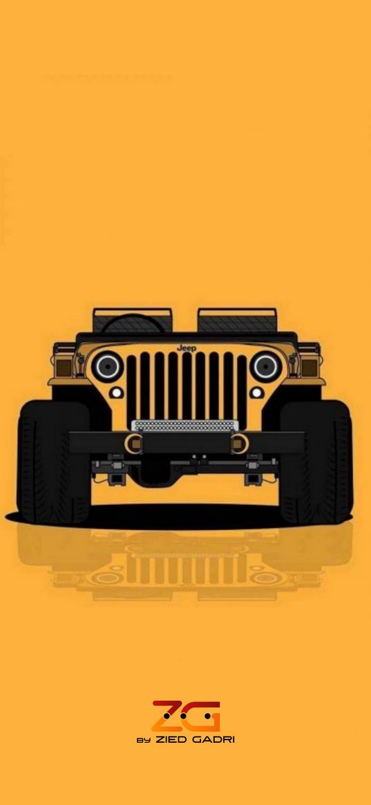 car, jeep, yellow, black, yellow background, art