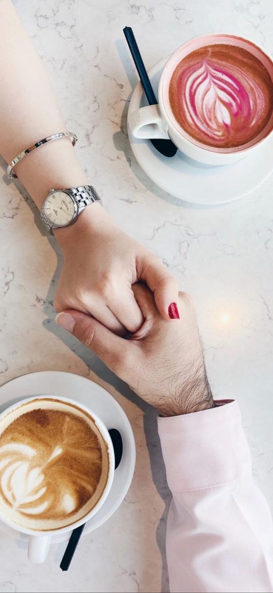 coffee, cappuccino, cups, hands, couple, romance