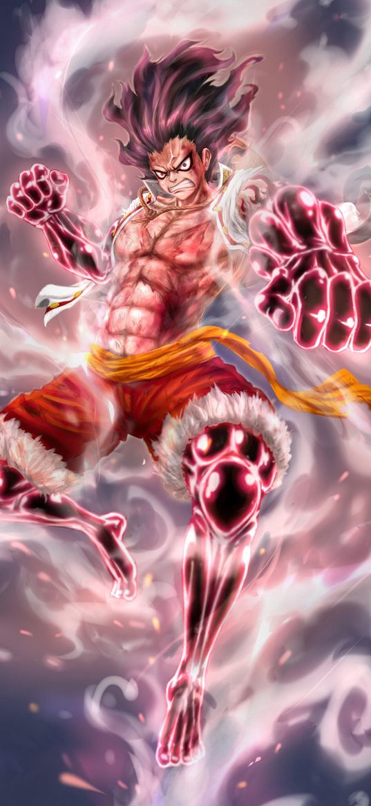 luffy, one piece, anime, guy, fighter, muscle, incandescent, smoke, art