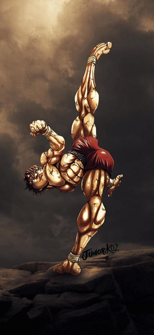 guy, fighter, muscles, punch, stretch, rocks, clouds, cloudy, art