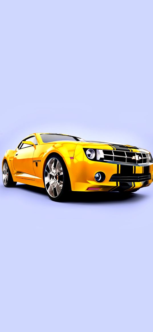 chevrolet camaro, chevrolet, sports car, car, yellow, purple background, digital art