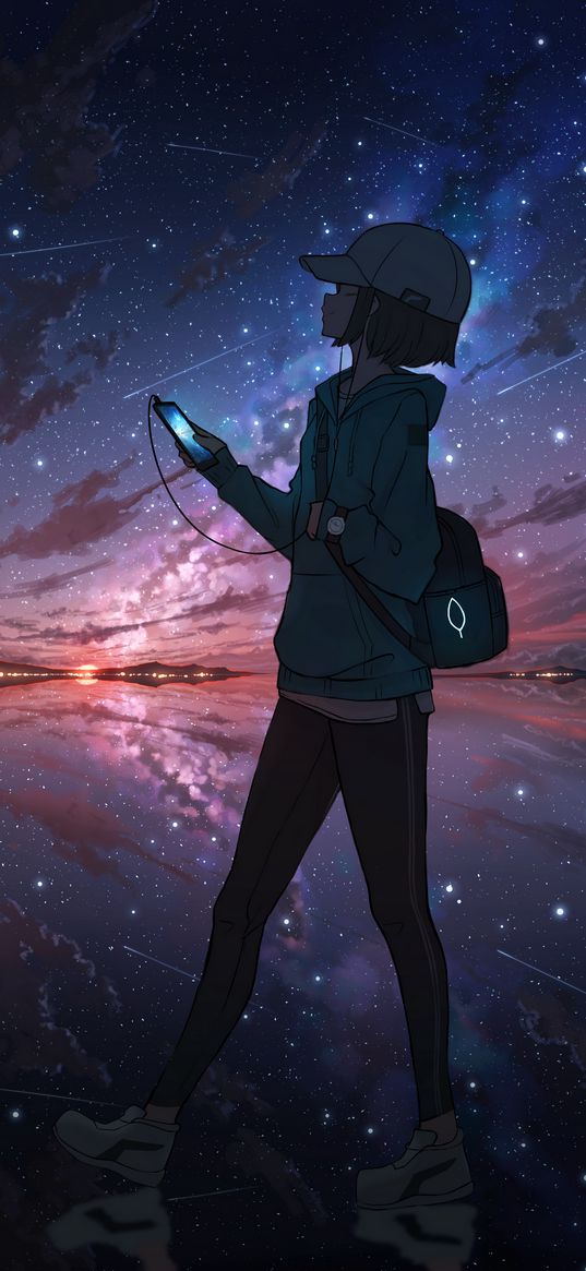 girl, cap, player, stars, starry sky, milky way, reflection, anime, art