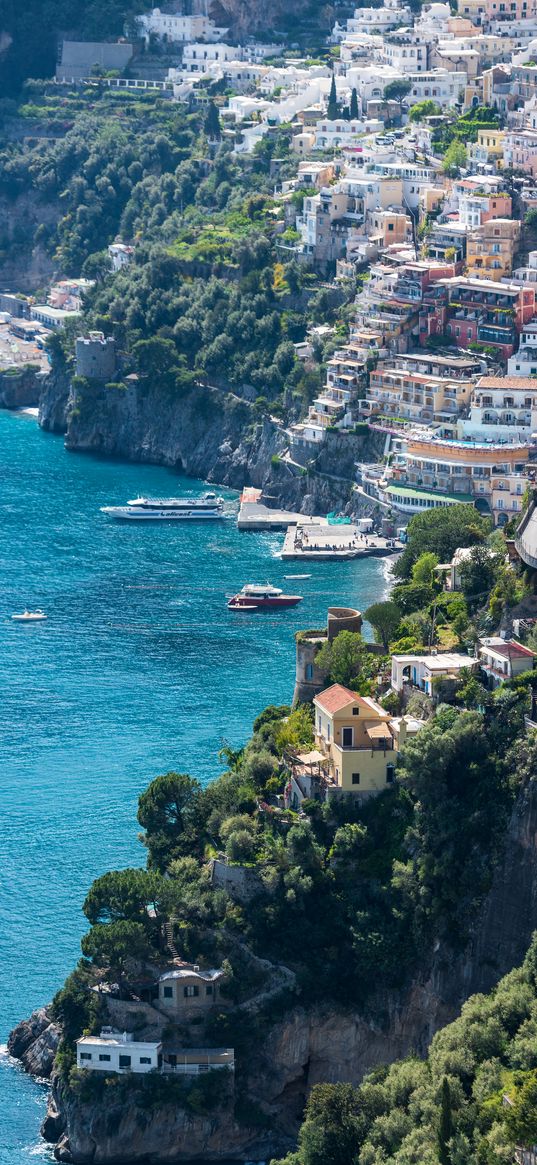 pier, buildings, yachts, sea, trees