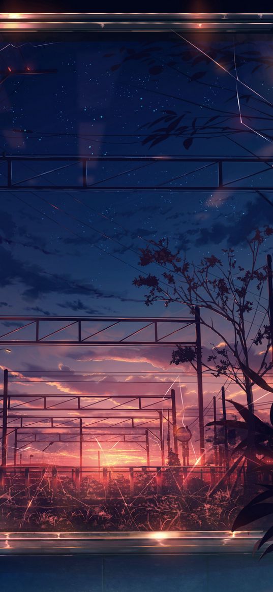 window, flower, railway, sunset, evening, clouds, anime, art