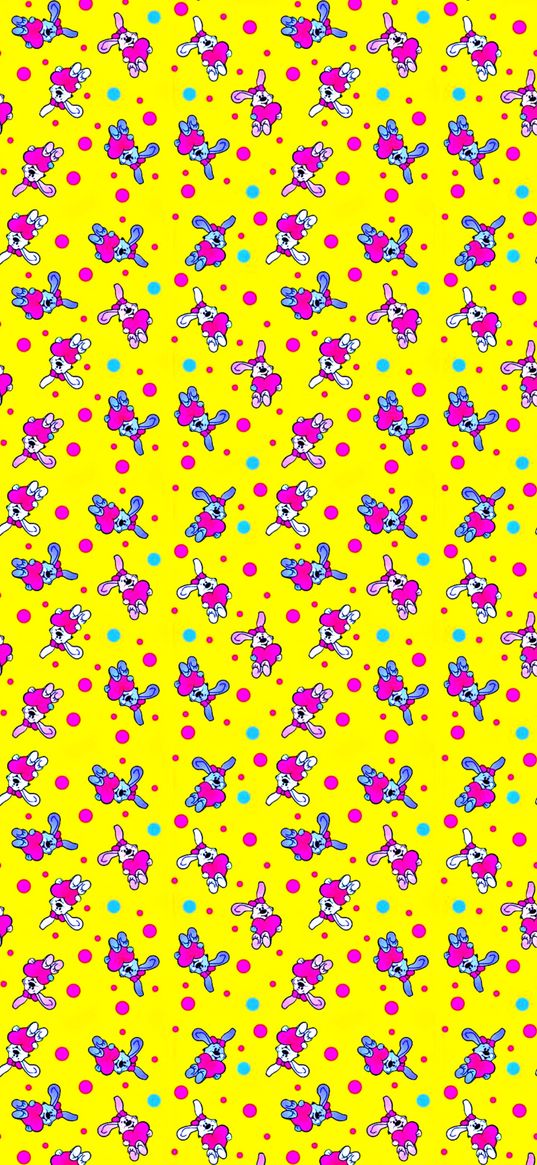 rabbits, hearts, pink, yellow background, texture