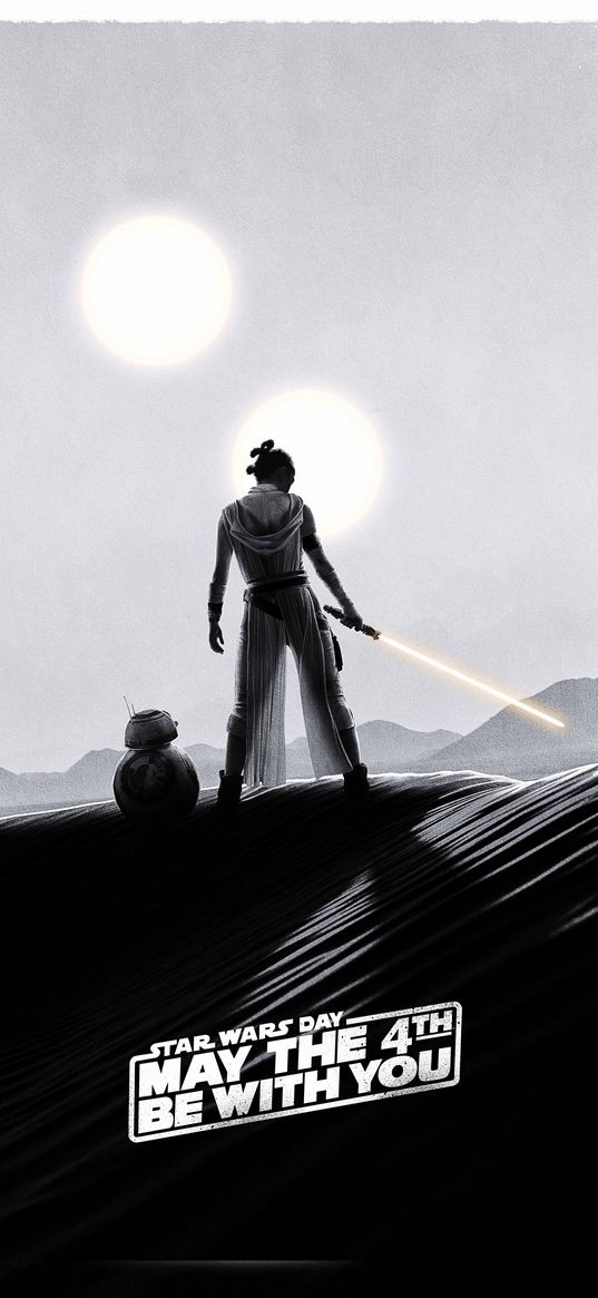 rey, star wars, movie, girl, sword, jedi, robot, desert, black and white, poster